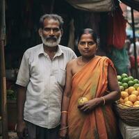 ein Süd indisch alt Mann Stehen mit seine Ehefrau im Markt generativ ai foto