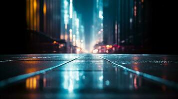 Nahansicht von ein nass Straße von modern Stadt generativ ai foto
