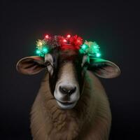 ein Schaf tragen glühend Krone auf seine Kopf auf dunkel Hintergrund generativ ai foto
