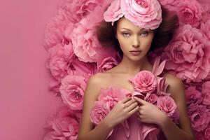 ein schön Frau tragen Rosa Blumen Kleid auf Rosa Blume Hintergrund generativ ai foto