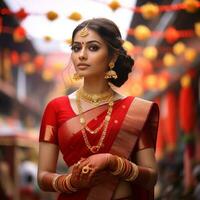 ein weiblich Modell- tragen Schmuck und rot Kerala Seide Saree generativ ai foto