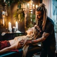 Massage Therapeut geben Massage zu ein Frau generativ ai foto