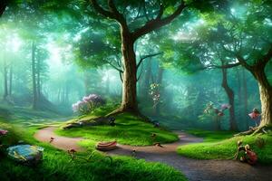 magisch Märchen Wald Hintergrund, magisch Wald Landschaft Hintergrund, Natur Hintergrund, Landschaft Hintergrund, ai generiert foto