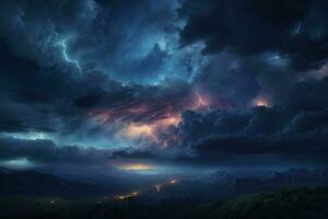 stürmisch Himmel Hintergrund, Gewitter Hintergrund, Gewitter Hintergrund, regnerisch Himmel, Sturm Wolken, ai generativ foto