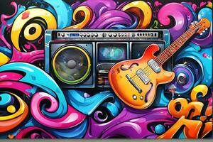 Musik- Graffiti Hintergrund, Graffiti Hintergrund, Musik- Graffiti Muster, Musik- Graffiti Hintergrund, Musik- Graffiti Kunst, Musik- Graffiti malen, ai generativ foto