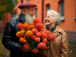 liebend alt Paar ist genießen ein romantisch Herbst Tag ai generativ foto