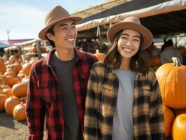 liebend asiatisch Paar ist genießen ein romantisch Herbst Tag ai generativ foto