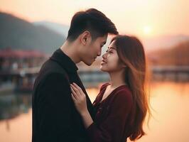 liebend asiatisch Paar ist genießen ein romantisch Herbst Tag ai generativ foto
