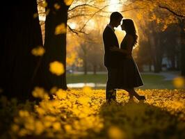 liebend asiatisch Paar ist genießen ein romantisch Herbst Tag ai generativ foto