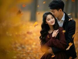 liebend asiatisch Paar ist genießen ein romantisch Herbst Tag ai generativ foto
