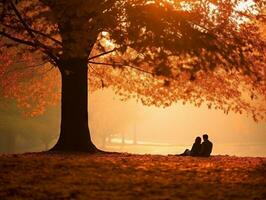 liebend asiatisch Paar ist genießen ein romantisch Herbst Tag ai generativ foto