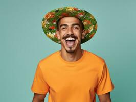 Mexikaner Mann im spielerisch Pose auf solide Hintergrund ai generativ foto