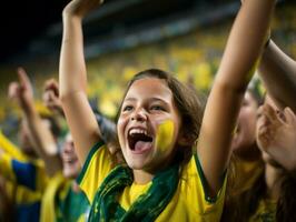 Brasilianer Kind feiert seine Fußball Teams Sieg ai generativ foto