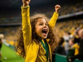 Brasilianer Kind feiert seine Fußball Teams Sieg ai generativ foto