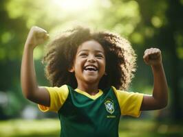 Brasilianer Kind feiert seine Fußball Teams Sieg ai generativ foto