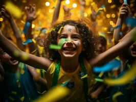 Brasilianer Kind feiert seine Fußball Teams Sieg ai generativ foto