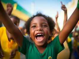 Brasilianer Kind feiert seine Fußball Teams Sieg ai generativ foto