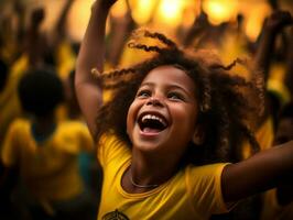 Brasilianer Kind feiert seine Fußball Teams Sieg ai generativ foto