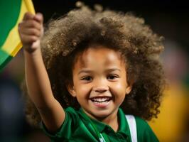 Brasilianer Kind feiert seine Fußball Teams Sieg ai generativ foto