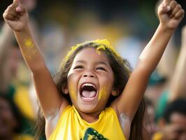 Brasilianer Kind feiert seine Fußball Teams Sieg ai generativ foto