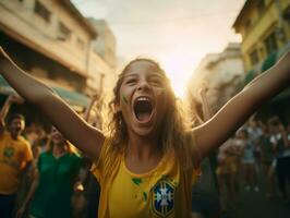 Brasilianer Kind feiert seine Fußball Teams Sieg ai generativ foto