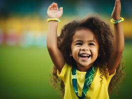 Brasilianer Kind feiert seine Fußball Teams Sieg ai generativ foto