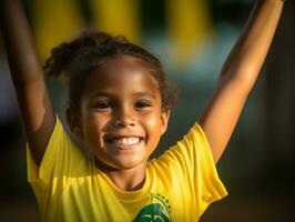 Brasilianer Kind feiert seine Fußball Teams Sieg ai generativ foto