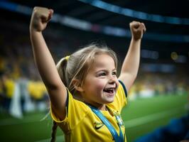 Brasilianer Kind feiert seine Fußball Teams Sieg ai generativ foto