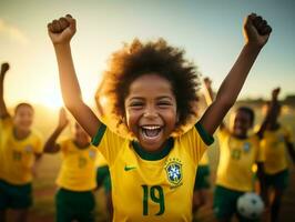 Brasilianer Kind feiert seine Fußball Teams Sieg ai generativ foto