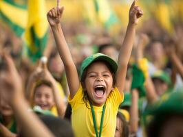 Brasilianer Kind feiert seine Fußball Teams Sieg ai generativ foto