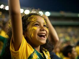 Brasilianer Kind feiert seine Fußball Teams Sieg ai generativ foto