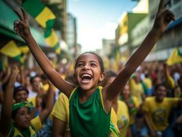 Brasilianer Kind feiert seine Fußball Teams Sieg ai generativ foto