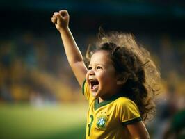 Brasilianer Kind feiert seine Fußball Teams Sieg ai generativ foto