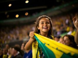 Brasilianer Kind feiert seine Fußball Teams Sieg ai generativ foto