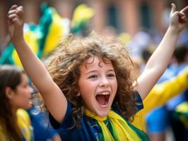 Brasilianer Kind feiert seine Fußball Teams Sieg ai generativ foto