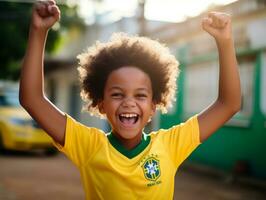 Brasilianer Kind feiert seine Fußball Teams Sieg ai generativ foto