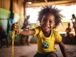 Brasilianer Kind feiert seine Fußball Teams Sieg ai generativ foto