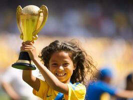 Brasilianer Kind feiert seine Fußball Teams Sieg ai generativ foto