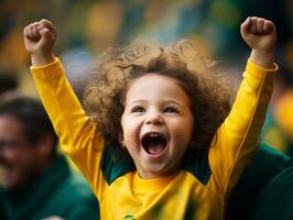 Brasilianer Kind feiert seine Fußball Teams Sieg ai generativ foto