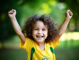 Brasilianer Kind feiert seine Fußball Teams Sieg ai generativ foto