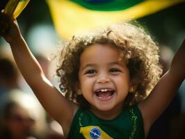 Brasilianer Kind feiert seine Fußball Teams Sieg ai generativ foto