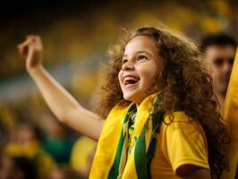 Brasilianer Kind feiert seine Fußball Teams Sieg ai generativ foto