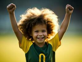 Brasilianer Kind feiert seine Fußball Teams Sieg ai generativ foto