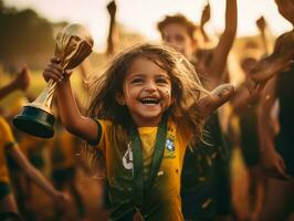 Brasilianer Kind feiert seine Fußball Teams Sieg ai generativ foto