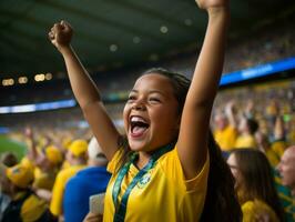 Brasilianer Kind feiert seine Fußball Teams Sieg ai generativ foto