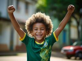 Brasilianer Kind feiert seine Fußball Teams Sieg ai generativ foto