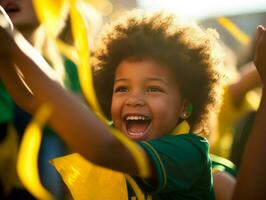 Brasilianer Kind feiert seine Fußball Teams Sieg ai generativ foto