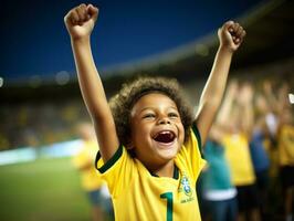 Brasilianer Kind feiert seine Fußball Teams Sieg ai generativ foto