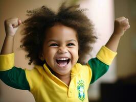 Brasilianer Kind feiert seine Fußball Teams Sieg ai generativ foto