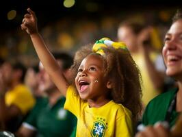 Brasilianer Kind feiert seine Fußball Teams Sieg ai generativ foto